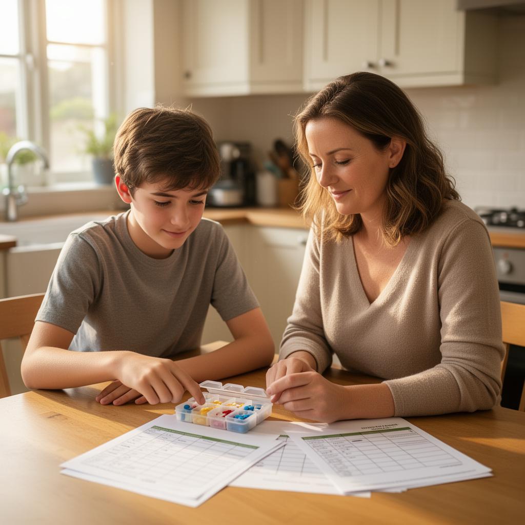 A mother and her son reviewing a medication schedule at home