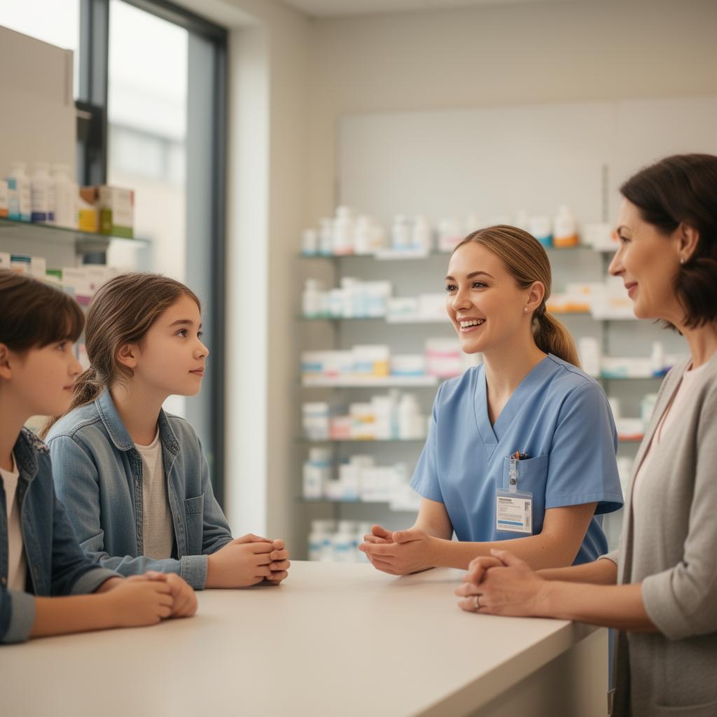 A pharmacist talking with a teen and her mother at the counter